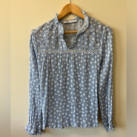 Zara Long Sleeve Ruffle Cuff Neck Embroidered Boho Peasant Daisy Print top - Picture 1 of 5